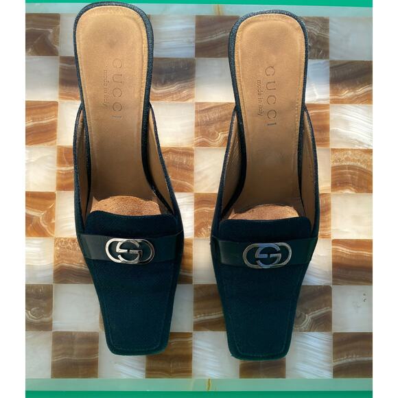 Vintage Gucci Black Canvas Heeled Mules with Logo - Picture 2 of 6